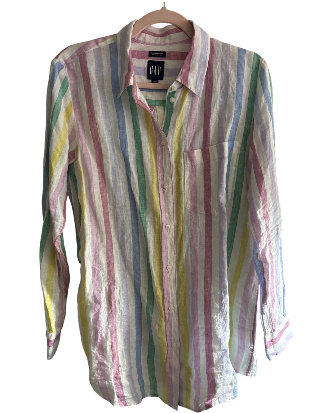GAP Striped Pastel Boyfriend Linen Shirt in Pink, Blue, Green, Yellow Small S 🌈